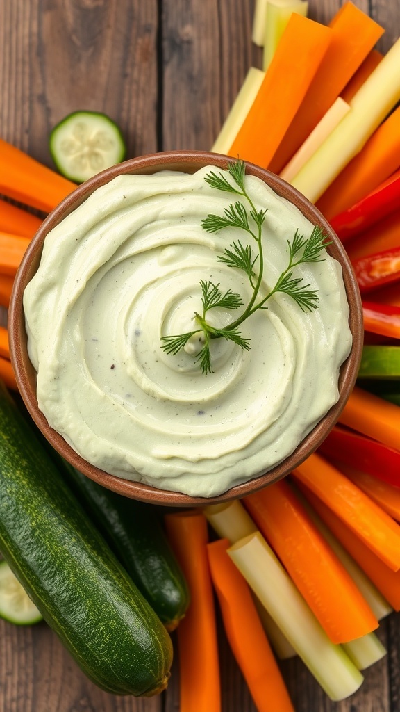 A bowl of creamy zucchini dip with vegetable sticks for dipping, garnished with dill on a rustic table.